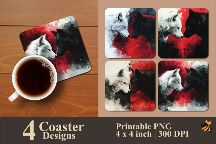 Black White Wolf Coaster Sublimation Design