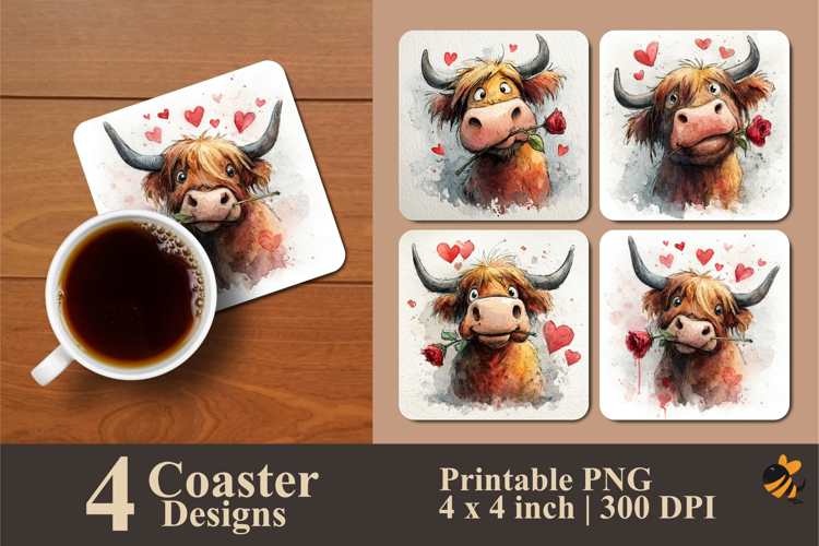 Romantic Cow Coaster Sublimation Design