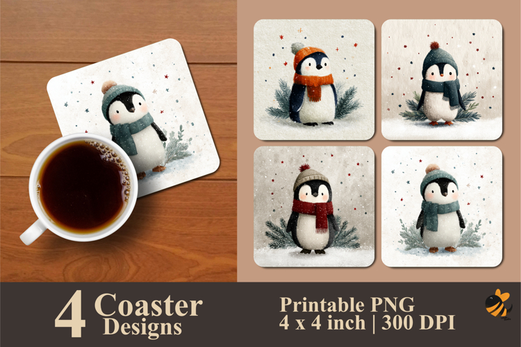 Penguins in Snowflakes Coaster Sublimation Design