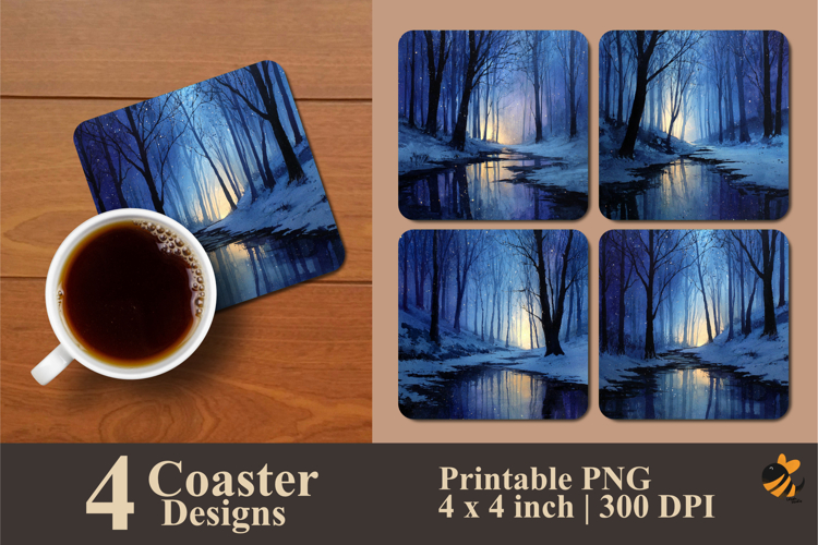 Snow at Night Coaster Sublimation Design