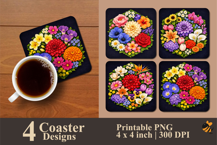 Hexagonal Floral Coaster Sublimation Design