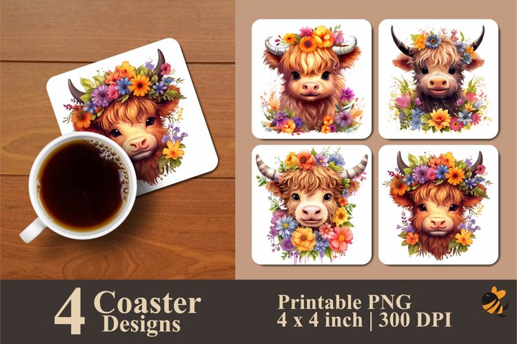 Colorful Flower Cow Coaster Sublimation Designs