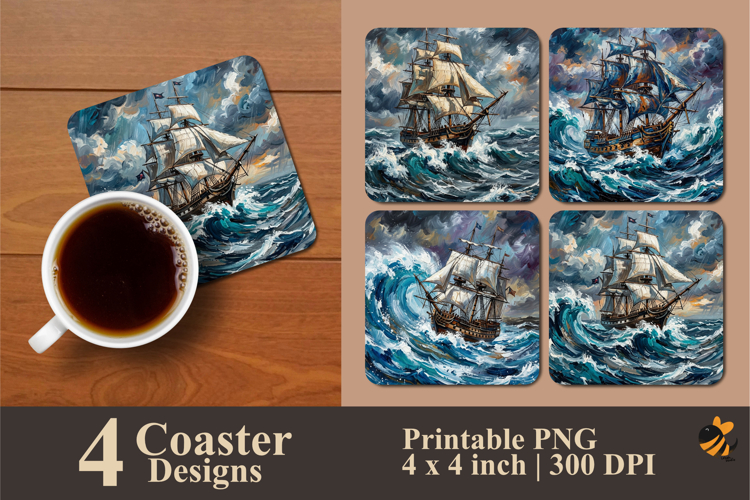 Sailing Ship And Waves Coaster Sublimation Design