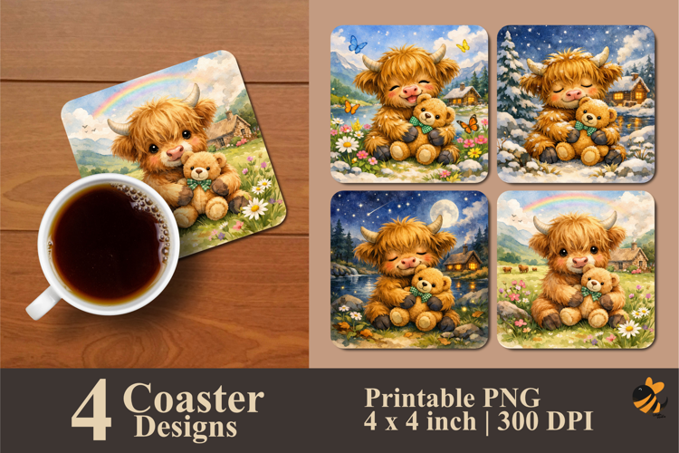 Highland Cow Hugging A Doll Coaster Sublimation Design