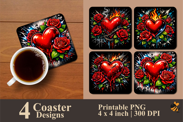 Heart And Rose Coaster Sublimation Design example image 1