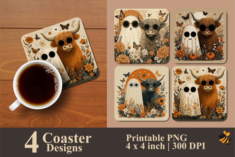 Funny Cow and Ghost Coaster Sublimation Design example image 1