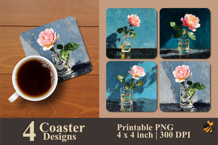 Glass Vase Roses Coaster Sublimation Design