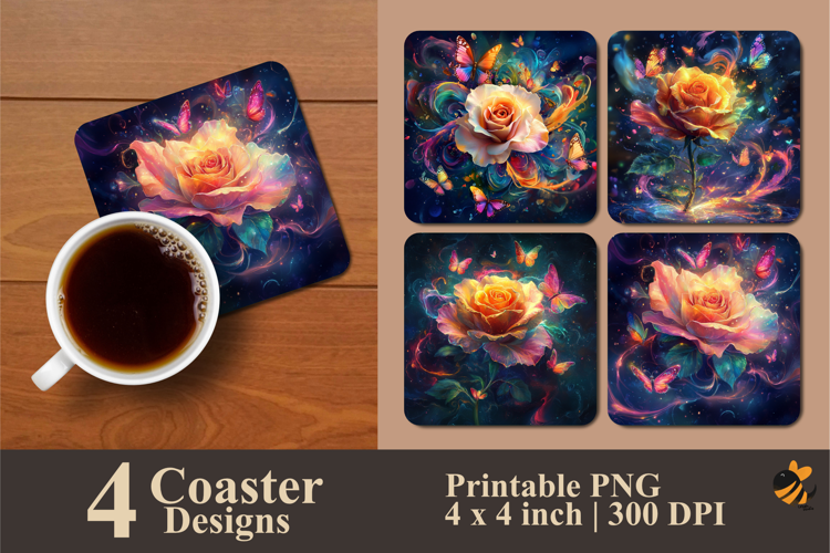 Colorful Rose Butterfly Coaster Sublimation Design