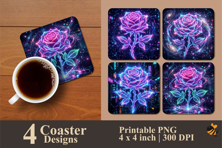 Neon Rose Coaster Sublimation Design