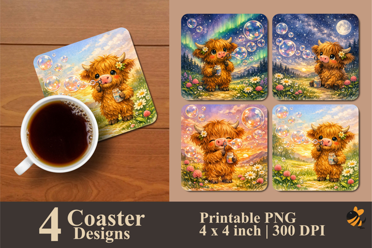 Highland Cow Playing Bubble Coaster Sublimation Design