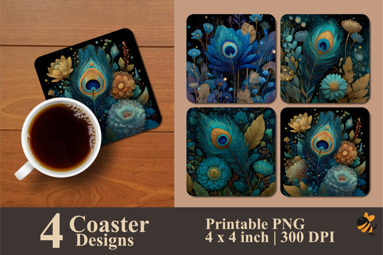 Peacock Flower Coaster Sublimation Design