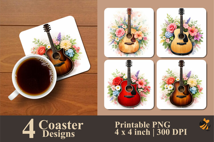 Flower Guitar Coaster Sublimation Design example image 1