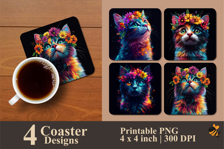 Colorful Cat Coaster Sublimation Design