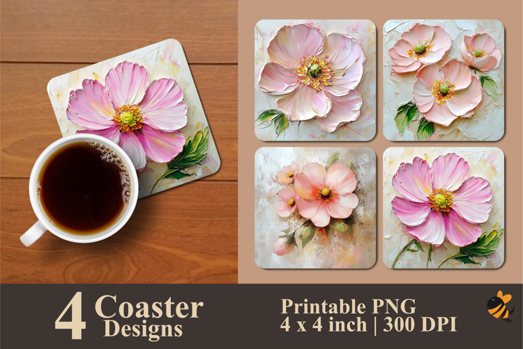 Pink Flower Painting Coaster Sublimation Design