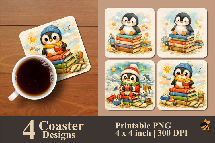 Cute Penguin And Book Coaster Sublimation Design