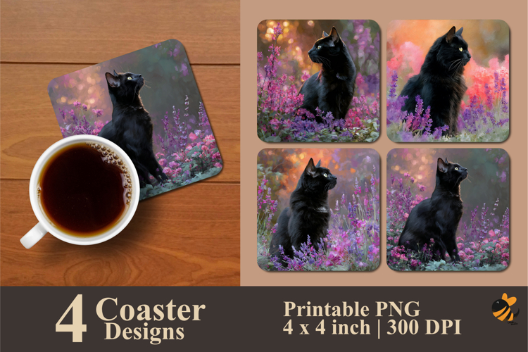 Dreamy Floral Cat Coaster Sublimation Design