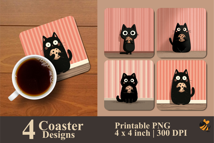 Cute Cat Eating Coaster Sublimation Design