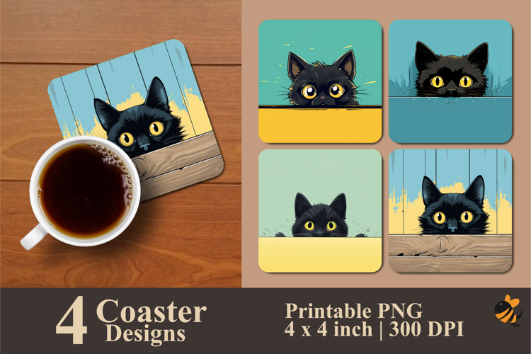 Black Cat Peeking Coaster Sublimation Design