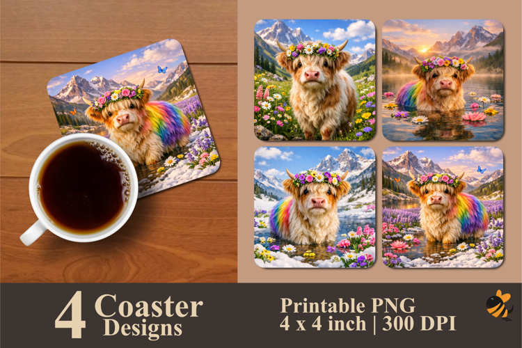 Rainbow Nature Cow Coaster Sublimation Design