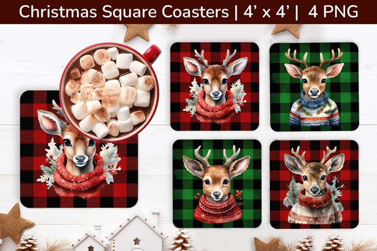 Sublimation Deer Coasters, Square Christmas Coasters