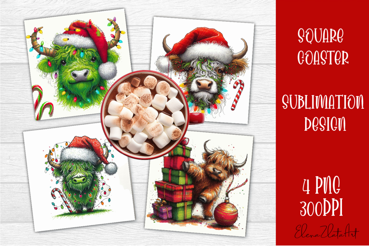 Funny christmas cow square coasters, Animals sublimation