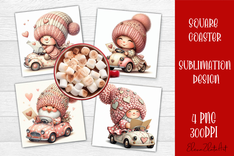 Valentines Gnome. Cute Gnome and pink roses Square Coaster