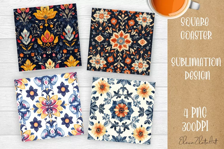 Flowers Square Coasters, Floral Sublimation Design