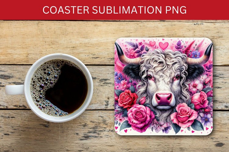 valentine square coaster - cow with flowers example image 1