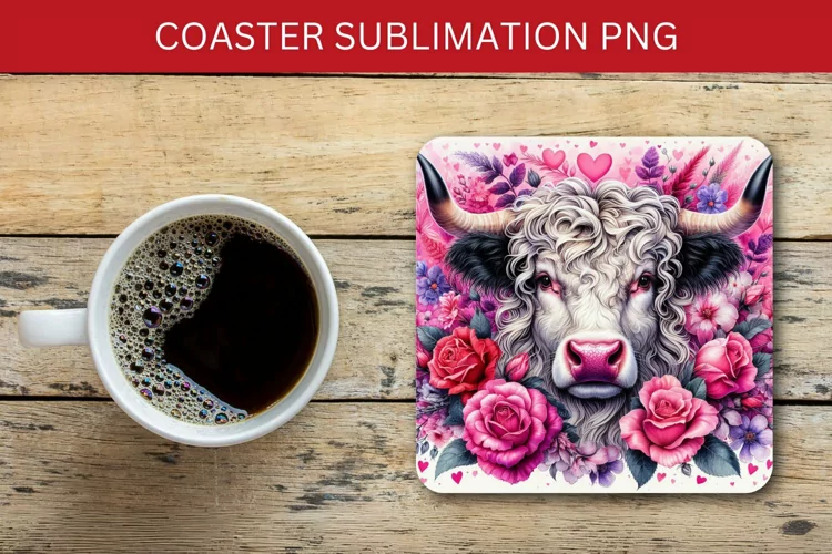 valentine square coaster - cow with flowers