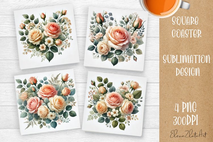 Flowers Square Coasters, Floral Sublimation Design example image 1
