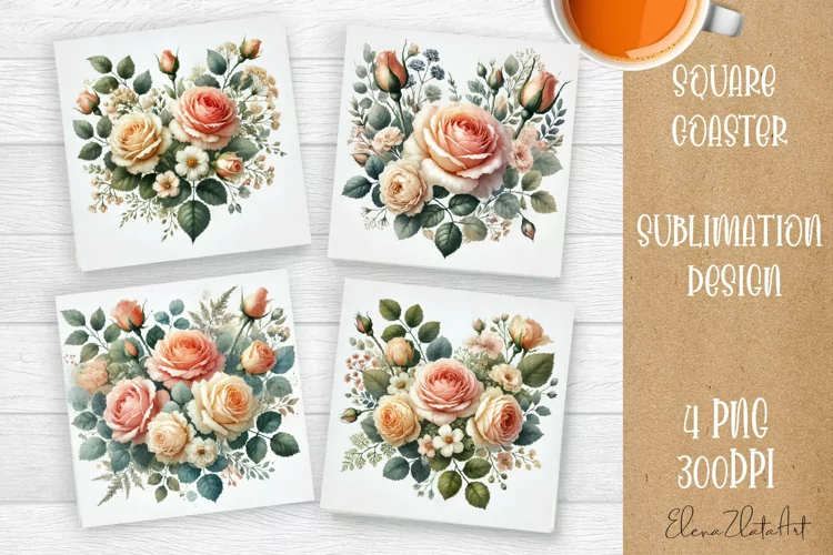 Flowers Square Coasters, Floral Sublimation Design