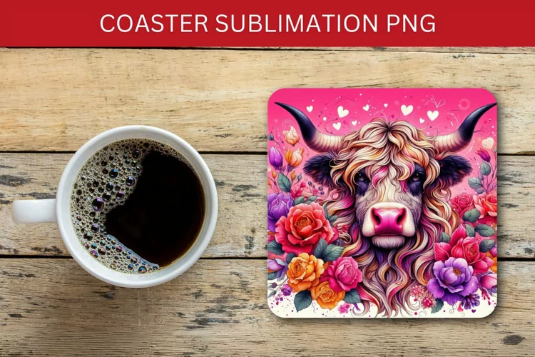 valentine square coaster - cow with flowers