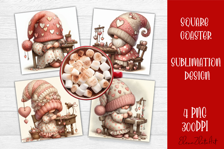 Valentines Gnome. Cute Gnome and pink roses Square Coaster