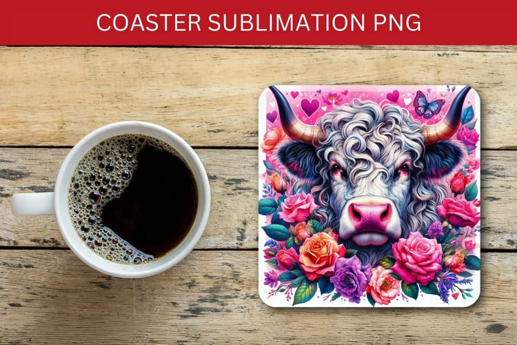 valentine square coaster - cow with flowers