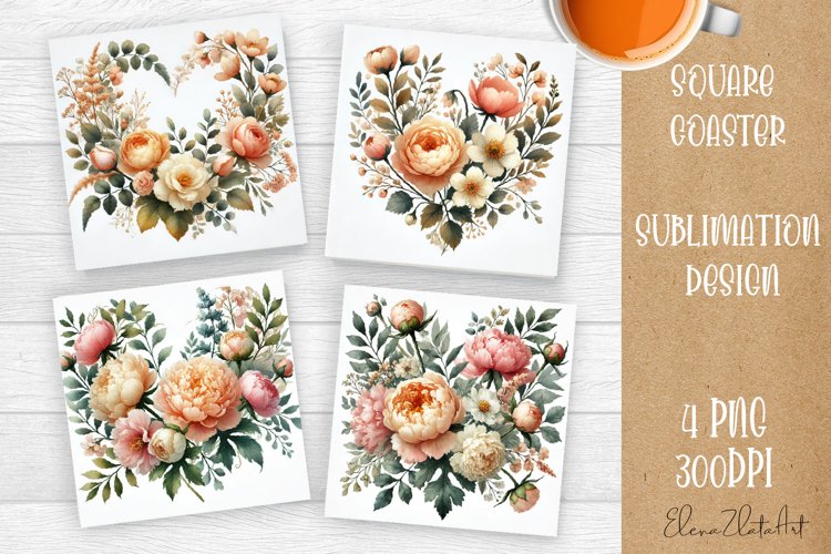 Flowers Square Coasters, Floral Sublimation Design example image 1