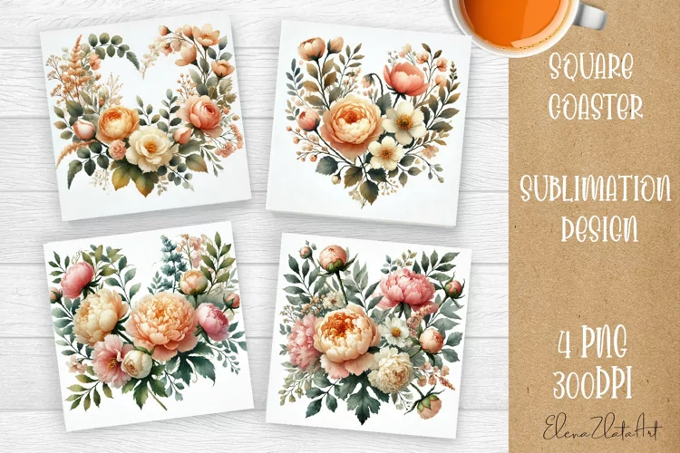 Flowers Square Coasters, Floral Sublimation Design