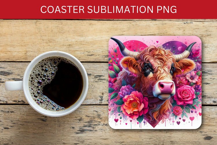 valentine square coaster - cow with flowers example image 1