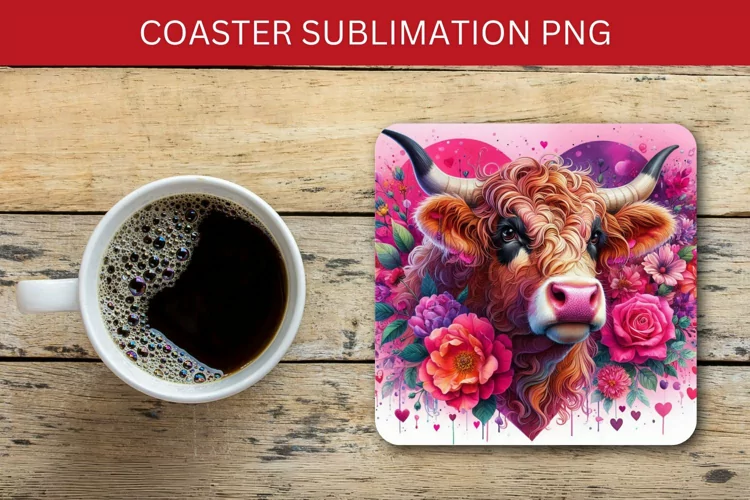 valentine square coaster - cow with flowers