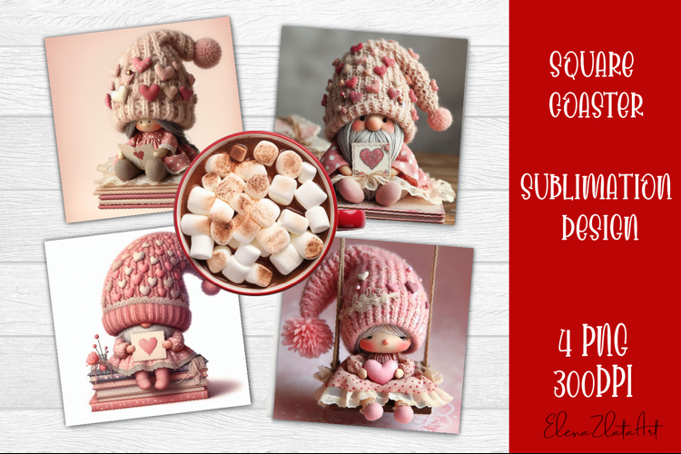 Valentines Gnome. Cute Gnome and pink roses Square Coaster