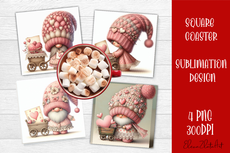 Valentines Gnome. Cute Gnome and pink roses Square Coaster