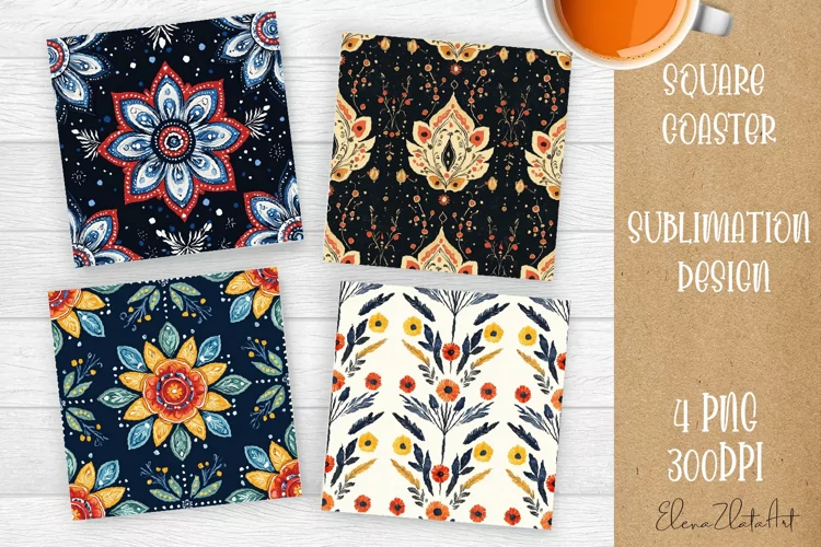 Flowers Square Coasters, Floral Sublimation Design