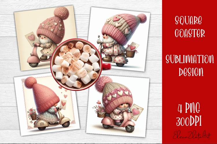 Valentines Gnome. Cute Gnome and pink roses Square Coaster