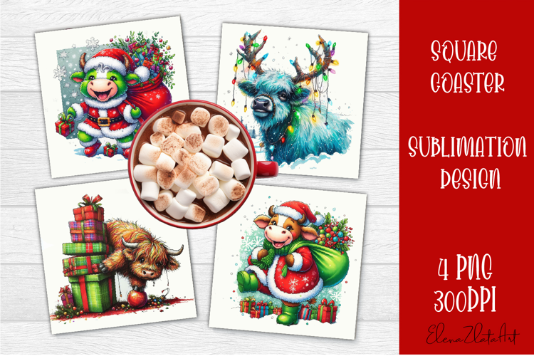 Funny christmas cow square coasters, Animals sublimation
