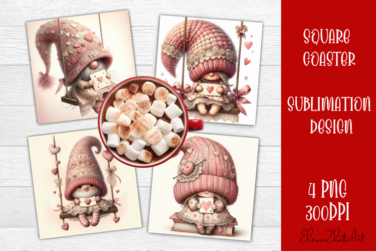 Valentines Gnome. Cute Gnome and pink roses Square Coaster