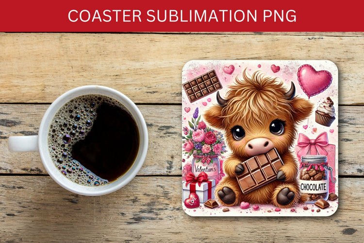 valentine square coaster - baby highland cow with chocolate example image 1