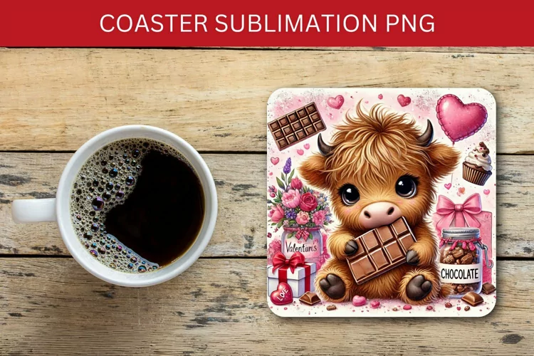 valentine square coaster - baby highland cow with chocolate