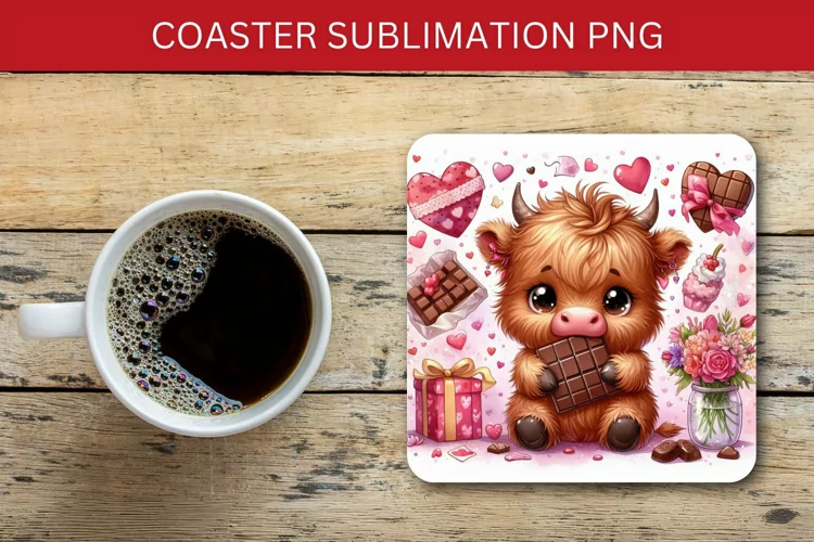 valentine square coaster - baby highland cow with chocolate