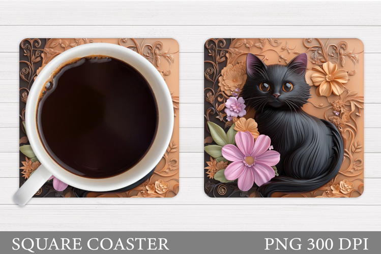 Cute Cat Coaster Design. Cat Flowers Coaster