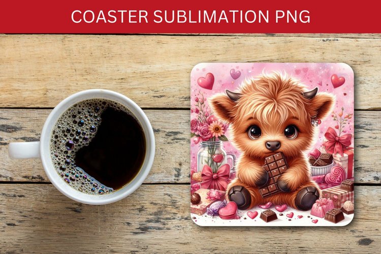 valentine square coaster - baby highland cow with chocolate example image 1