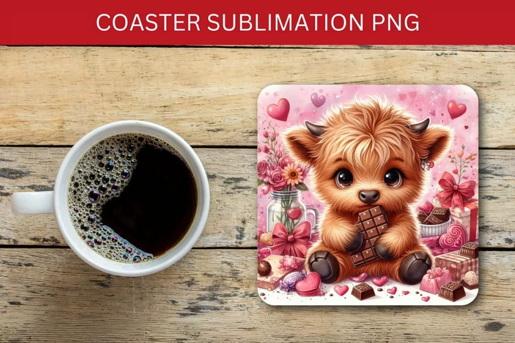 valentine square coaster - baby highland cow with chocolate
